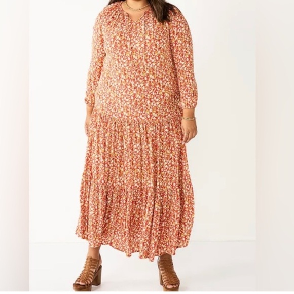Sonoma Floral Maxi Dress Tiered Hem Drop Waist Autumn Red Yellow Boho Cottage XL - Picture 1 of 13